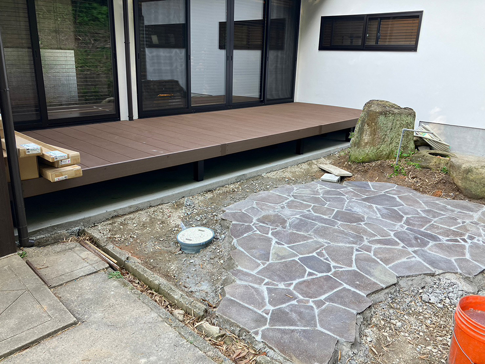 和風、庭、リフォーム、施工中、宗像市 外構リフォーム 和モダン 鉄平石 乱張り