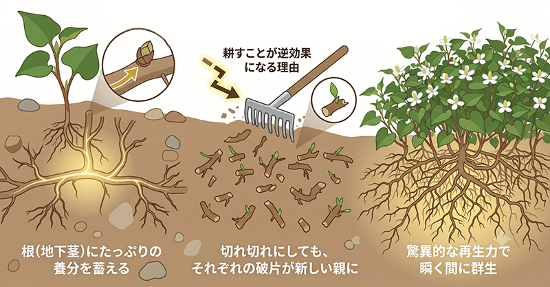 ドクダミが地中でちぎれると、そこからまた元気に増えてしまう！